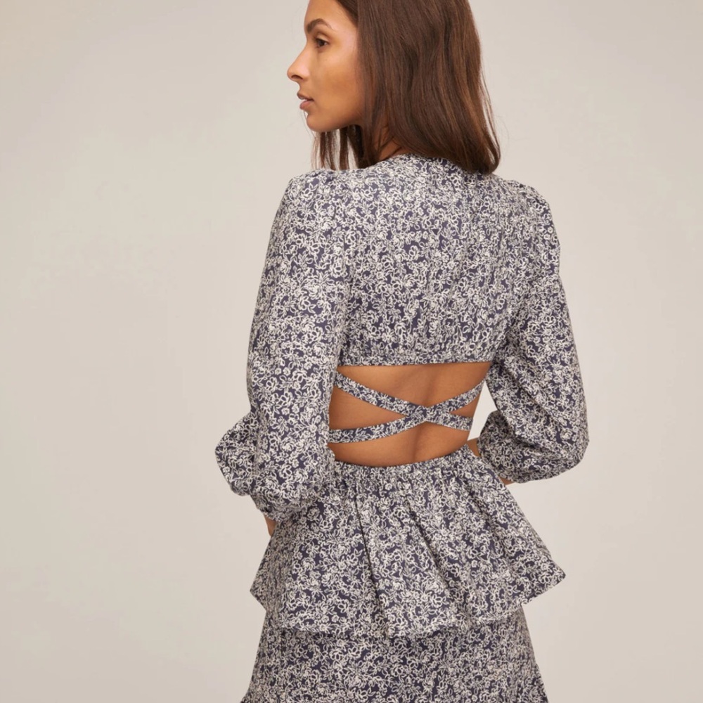 Marissa Webb Priya cut out floral print blouse navy white Large - Picture 2 of 8